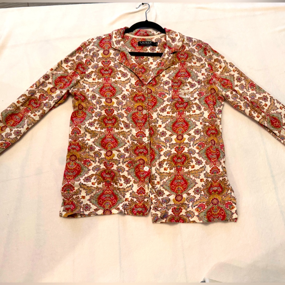 $50 Ralph Lauren Women‎ Ivory Graphic Print Long Paisley-Print Pajama Top Size L